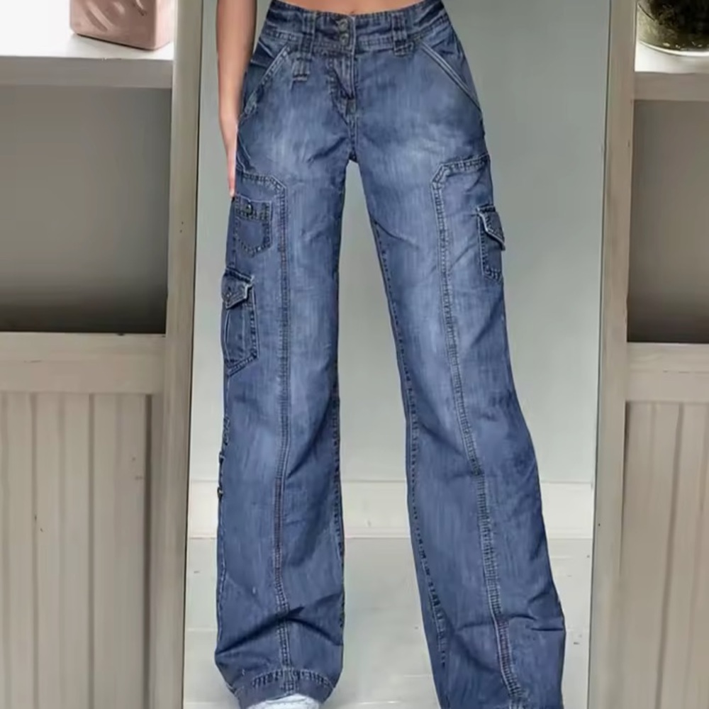 Faded Dark Blue Straight Leg Cargo Jeans